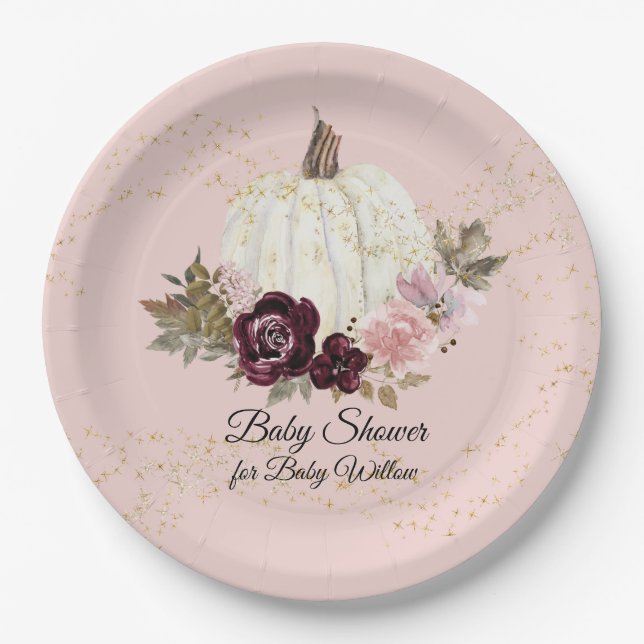 Plato De Papel Calabaza Rubor de Burgundy Floral Gold para Baby S (Anverso)