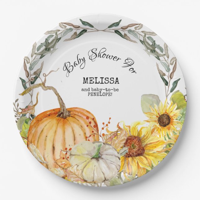 Plato De Papel Calabaza rusa moderna deja Baby Shower girasol (Anverso)