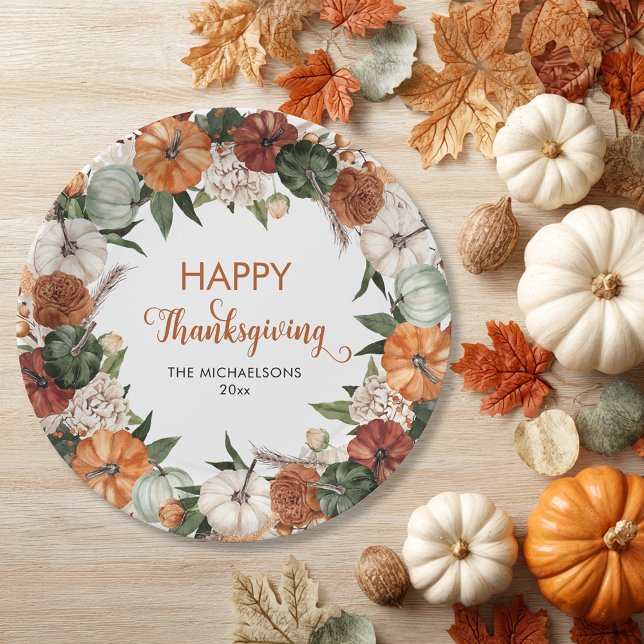 Plato De Papel Calabaza Rustica Feliz Día de Gracias (Rustic Happy Thanksgiving Pumpkin Paper Plates)