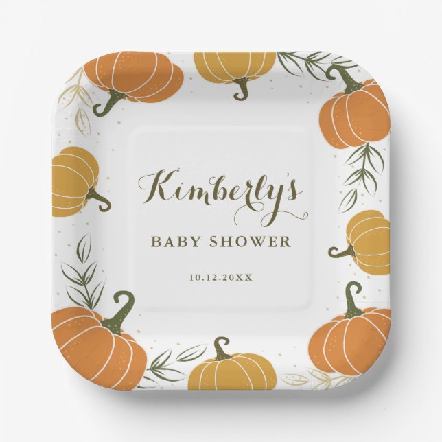 Plato De Papel Calabaza Rustica y deja Baby Shower neutral de gén (Anverso)