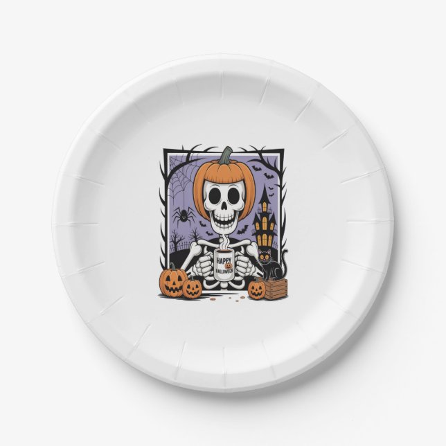 Plato De Papel Calabaza Skeleton Café para beber (Anverso)