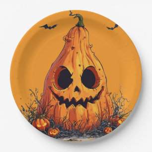 Plato De Papel Calabaza sonriente con expresión fantasmal