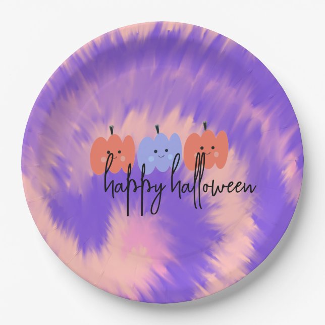 Plato De Papel Calabaza Tie Dye Halloween Dibujada a Mano   (Anverso)