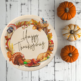 Plato De Papel Calabaza Turquía Feliz Marco de Acción de Gracias