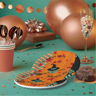 Plato De Papel Calabaza y Bruja Retro de Color Azul Verdoso con I