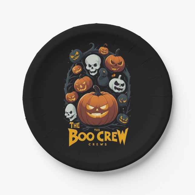 Plato De Papel Calabaza y cráneo de Halloween del equipo de Boo (Anverso)