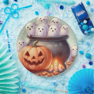 Plato De Papel Calabaza y fantasmas de Halloween