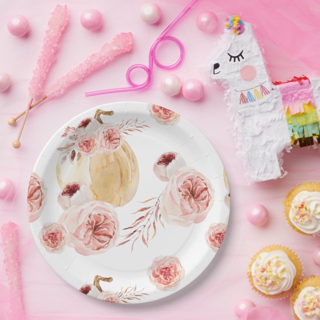 Plato De Papel Calabaza y Flores en Acuarela de Moda | Otoño (Fiesta)