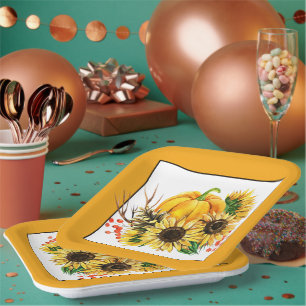 Plato De Papel Calabaza y girasoles otoño 