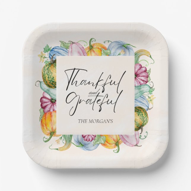 Plato De Papel Calabaza y hojas de la acuarela de Acción de Graci (Anverso)