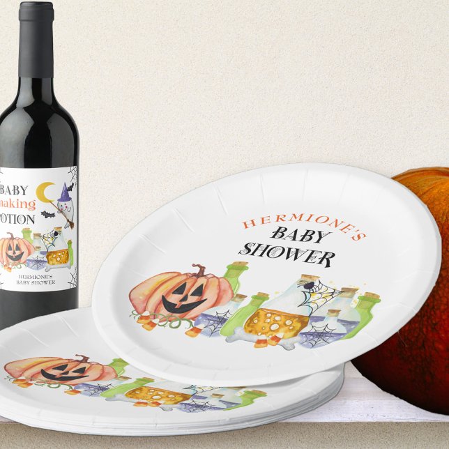 Plato De Papel Calabaza y poetas de Baby Shower de Halloween (Halloween Baby Shower paper plates with cute pumpkin and magic baby making potions)