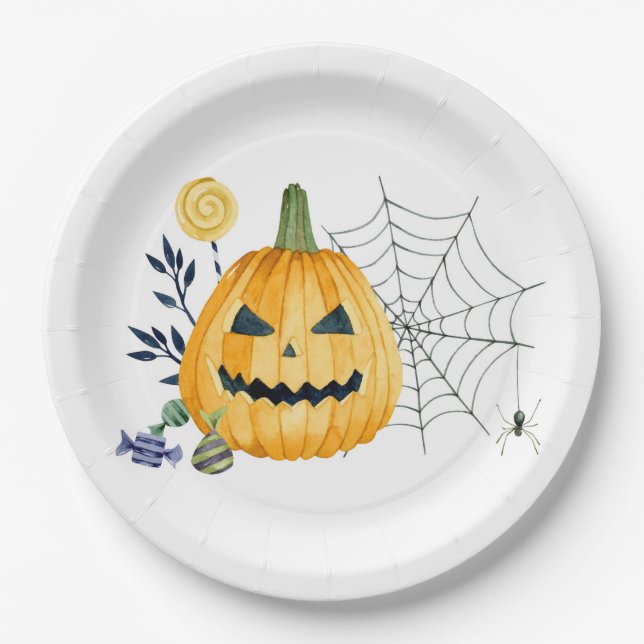Plato De Papel Calabaza y telaraña (Anverso)