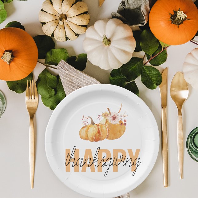 Plato De Papel Calabazas acuarelas y Naranja Feliz Día de Acción  (Subido por el creador)