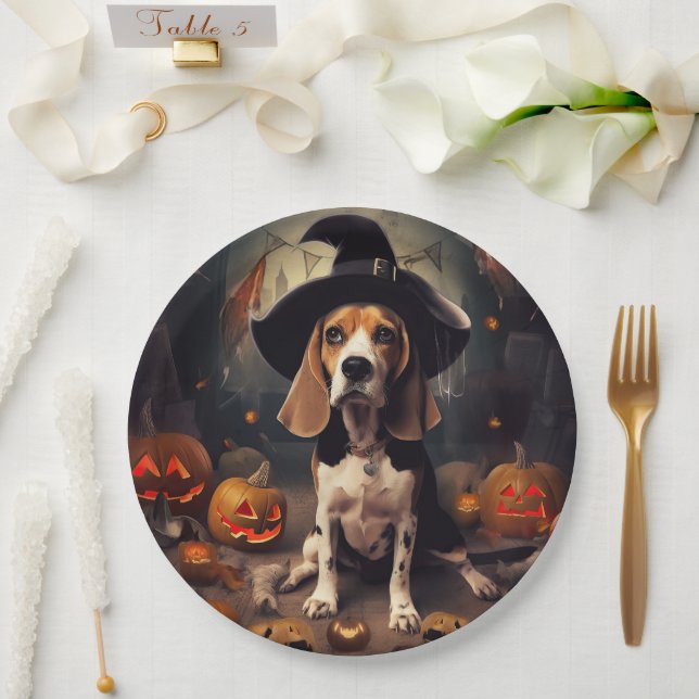 Plato De Papel Calabazas Beagle Halloween Espeluznantes (Boda)
