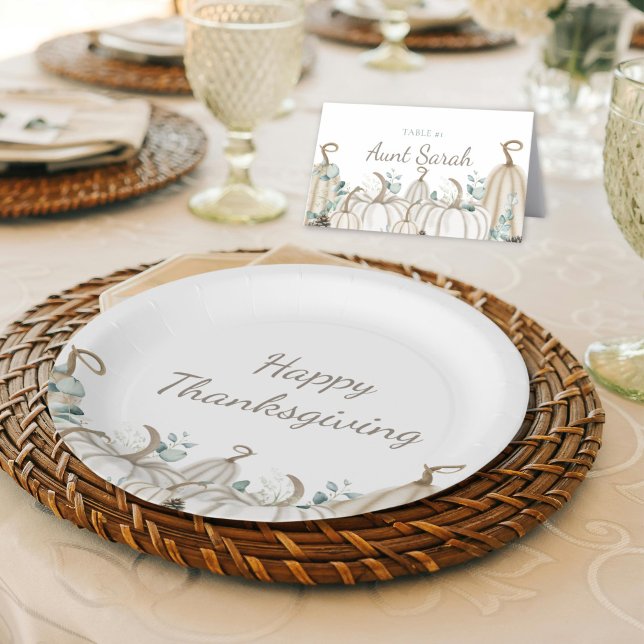 Plato De Papel Calabazas blancas de granja moderna Feliz Día de G (Simple Elegant Rustic Farmhouse White Pumpkin Happy Thanksgiving Editable Paper Plates for Fall )