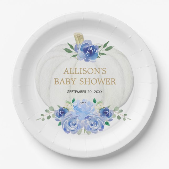 Plato De Papel Calabazas blancas de vegetación floral azul bebé (Anverso)