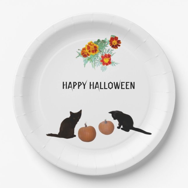 Plato De Papel Calabazas de Halloween, gatos negros, marigoles (Anverso)