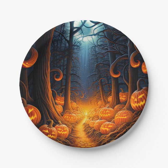 Plato De Papel Calabazas de Jack o Lantern en Halloween (Anverso)