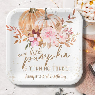 Plato De Papel Calabazas de otoño acuarela Boho Chica 3 cumpleaño