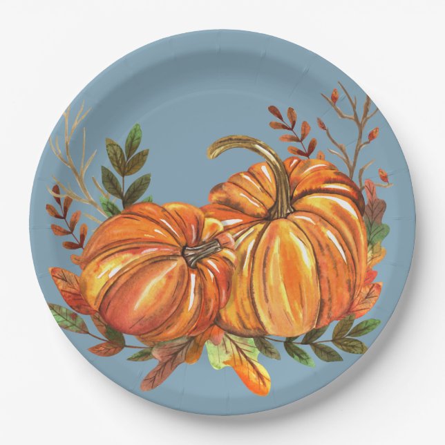 Plato De Papel Calabazas de Otoño Azul Polvoriento (Anverso)