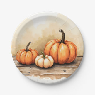 Plato De Papel Calabazas de Otoño en Mesa de Madera