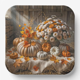 Plato De Papel Calabazas de otoño y crisantemos en un granero