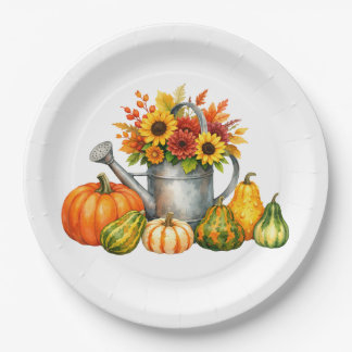 Plato De Papel Calabazas de otoño y regadera al acuarela