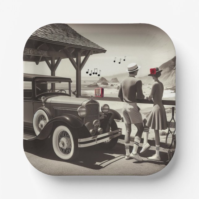 Plato De Papel Calabazas de papel blanco negro de la pareja de co (Anverso)