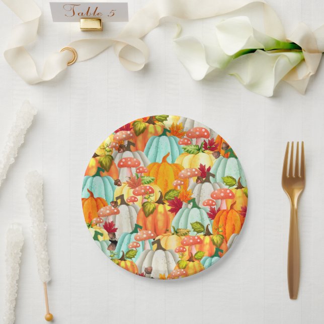 Plato De Papel Calabazas Divertidas Hongos Y Hojas De Otoño (Boda)