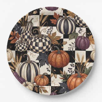 Plato De Papel Calabazas Elegantes a Cuadros Cosecha de Otoño