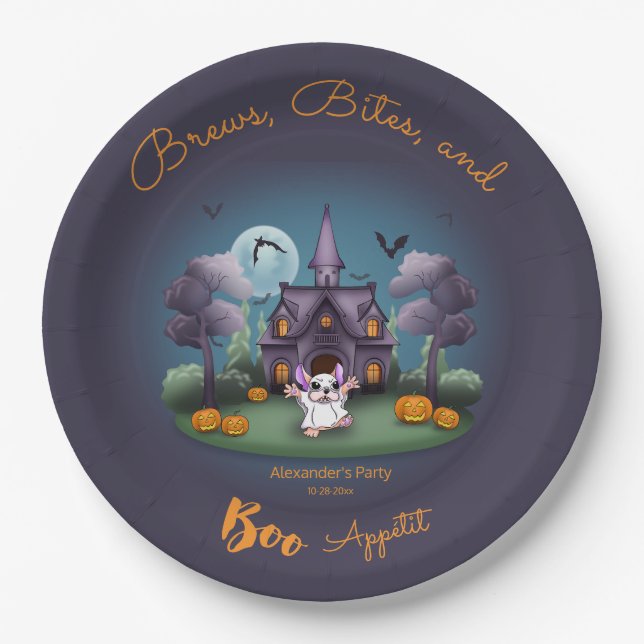 Plato De Papel Calabazas fantasma cortas en la casa Halloween (Anverso)