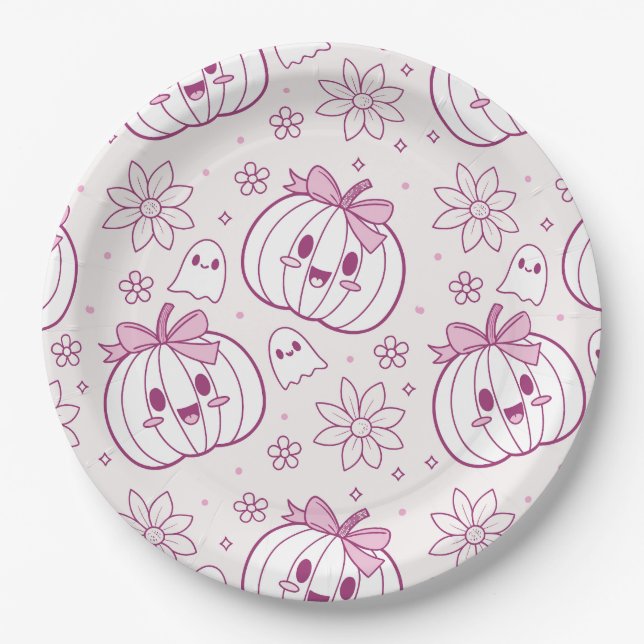 Plato De Papel Calabazas, fantasmas y flores de Kawaii (Anverso)