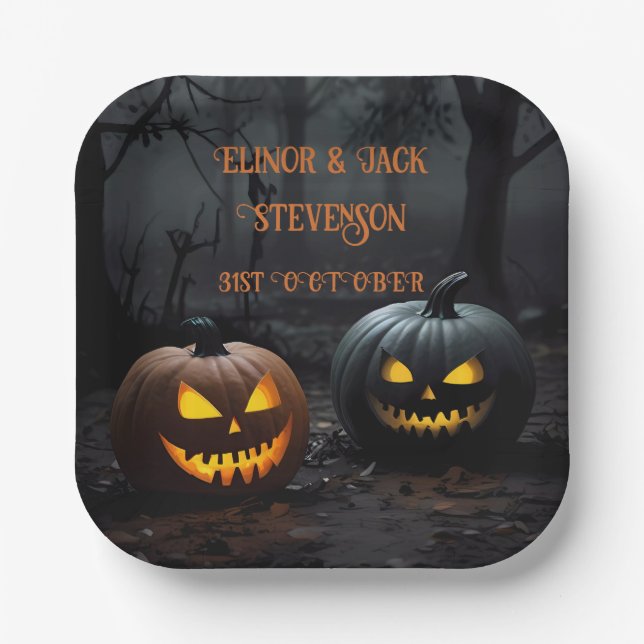 Plato De Papel Calabazas festivas de Halloween y patrón floral (Anverso)