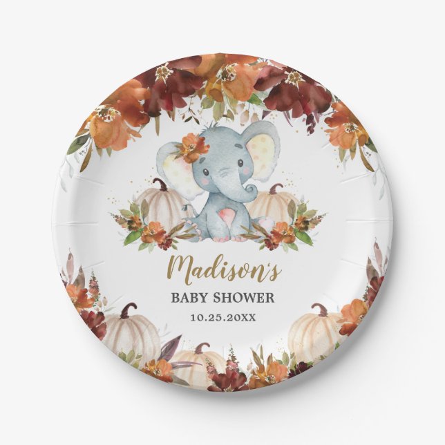 Plato De Papel Calabazas florales caídas elefante Baby Shower (Anverso)