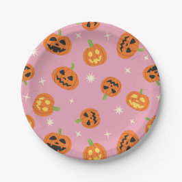 Plato De Papel Calabazas Halloween lanzadas patrón sobre rosa