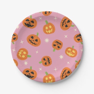 Plato De Papel Calabazas Halloween lanzadas patrón sobre rosa
