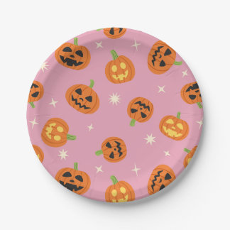 Plato De Papel Calabazas Halloween lanzadas patrón sobre rosa