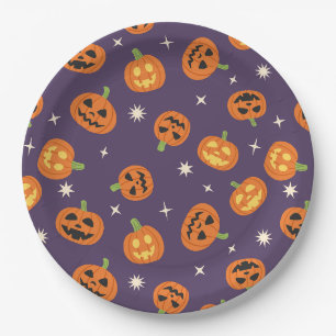 Plato De Papel Calabazas lanzadas patrón en morado oscuro