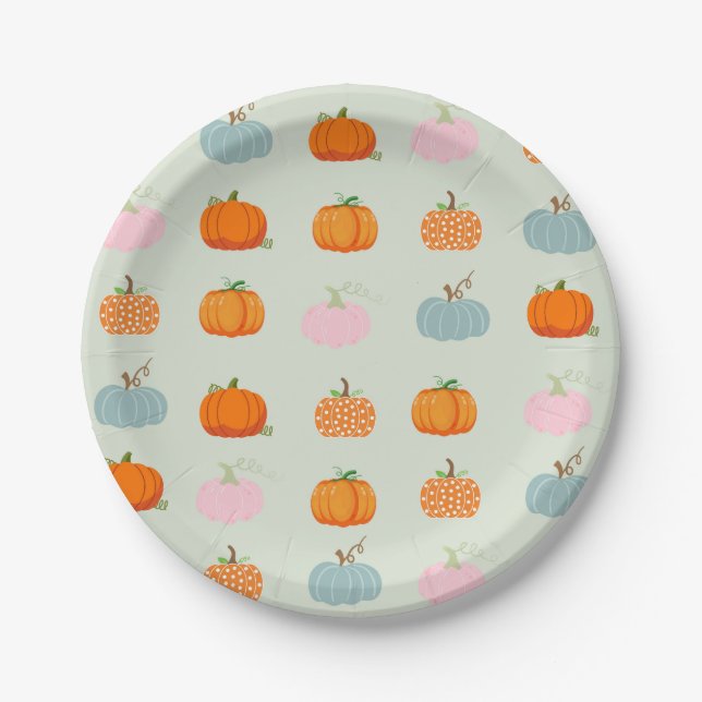 Plato De Papel Calabazas Multicolores Patrón (Anverso)