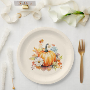 Plato De Papel Calabazas naranjas y flores Otoño