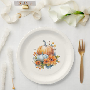 Plato De Papel Calabazas otoñales con flores y follaje