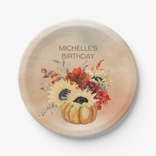 Plato De Papel Calabazas Otoño Floral Flores Cumpleaños Fiesta (Anverso)