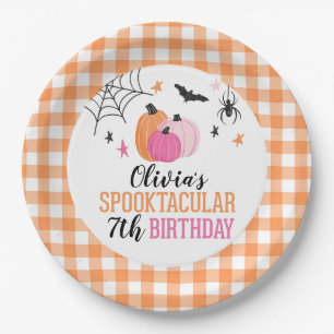 Plato De Papel Calabazas rosadas de Halloween Plaid naranja Cumpl