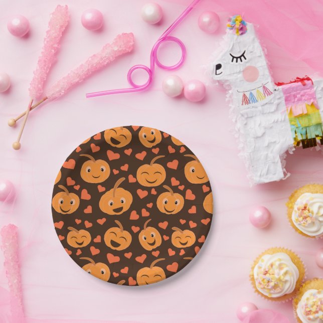 Plato De Papel Calabazas sonrientes con corazones (Fiesta)