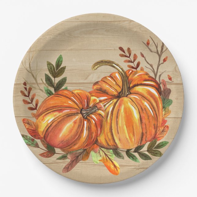 Plato De Papel Calabazas y Hojas de Otoño Rústicas (Anverso)