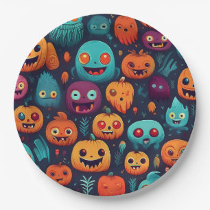 Plato De Papel Calabazas y monstruos de Halloween