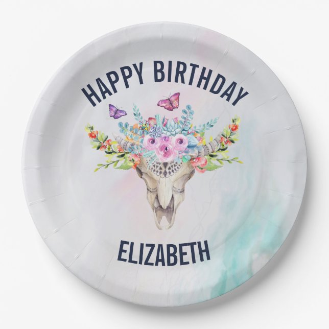 Plato De Papel Calavera animal Boho con mariposas y flores (Anverso)