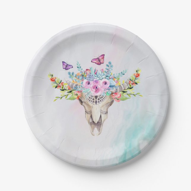 Plato De Papel Calavera animal Boho con mariposas y flores (Anverso)