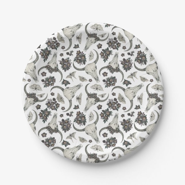 Plato De Papel Calavera animal gótica con patrón de flores (Anverso)
