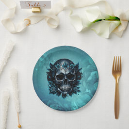 Plato De Papel Calavera azul oscuro con rosas.
